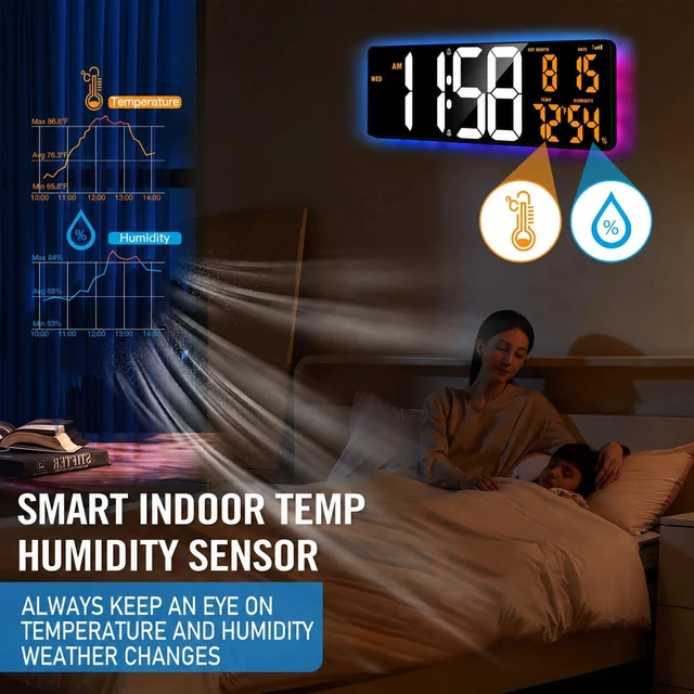 Alt view image 3 of 7 - 17.2'' Bluetooth Large Digital Wall Clock LED Display Timer with RGB Ambient Lights, Temperature/Humidity & Remote Control for Home, Office, Classroom (White + Orange)