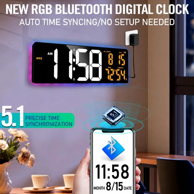 Alt view image 4 of 7 - 17.2'' Bluetooth Large Digital Wall Clock LED Display Timer with RGB Ambient Lights, Temperature/Humidity & Remote Control for Home, Office, Classroom (White + Orange)