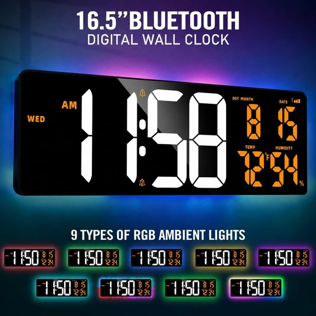 Alt view image 5 of 7 - 17.2'' Bluetooth Large Digital Wall Clock LED Display Timer with RGB Ambient Lights, Temperature/Humidity & Remote Control for Home, Office, Classroom (White + Orange)