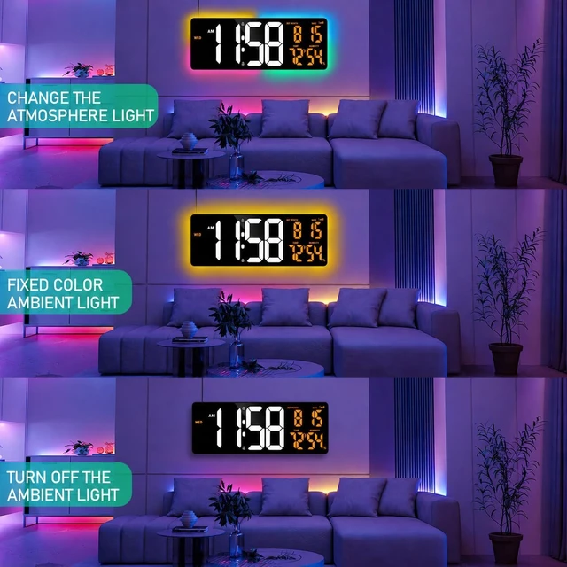 Alt view image 6 of 7 - 17.2'' Bluetooth Large Digital Wall Clock LED Display Timer with RGB Ambient Lights, Temperature/Humidity & Remote Control for Home, Office, Classroom (White + Orange)