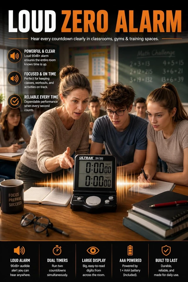 Alt view image 6 of 7 - T-4 Jumbo Dual Timer 1 Large Display Countdown & Count Up, 24-Hour Range, Loud Alarm, Dual Memory, Wall Mount or Tabletop for Classroom, Gym, Office & Meetings