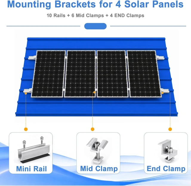 Alt view image 2 of 7 - Anodized Aluminum Solar Panel Mounting Kit 10 Rails, 4 End + 6 Mid Clamps, 20 Screws, 1 Allen Key for 4 Panels Side by Side, Fits 1.18 to 1.38 Frames, Rustproof, DIY Install for RV/Boat/Home Roofs