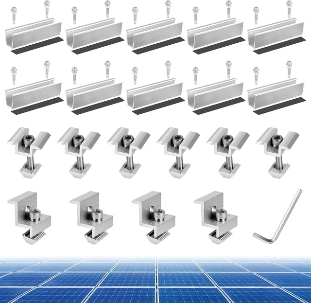 Main image of Anodized Aluminum Solar Panel Mounting Kit 10 Rails, 4 End + 6 Mid Clamps, 20 Screws, 1 Allen Key for 4 Panels Side by Side, Fits 1.18 to 1.38 Frames, Rustproof, DIY Install for RV/Boat/Home Roofs