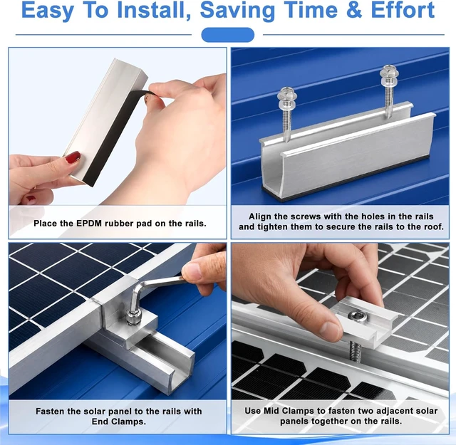 Alt view image 3 of 7 - Anodized Aluminum Solar Panel Mounting Kit 10 Rails, 4 End + 6 Mid Clamps, 20 Screws, 1 Allen Key for 4 Panels Side by Side, Fits 1.18 to 1.38 Frames, Rustproof, DIY Install for RV/Boat/Home Roofs