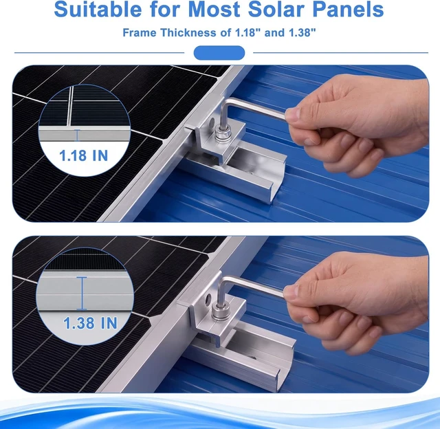 Alt view image 4 of 7 - Anodized Aluminum Solar Panel Mounting Kit 10 Rails, 4 End + 6 Mid Clamps, 20 Screws, 1 Allen Key for 4 Panels Side by Side, Fits 1.18 to 1.38 Frames, Rustproof, DIY Install for RV/Boat/Home Roofs