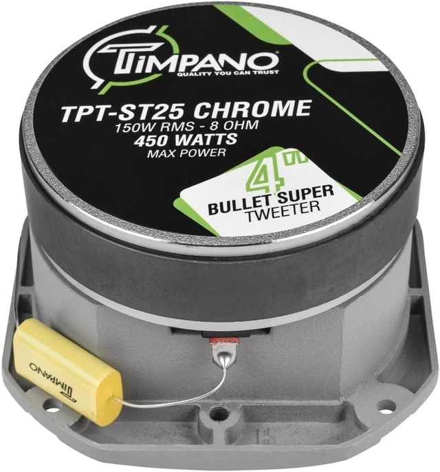Alt view image 5 of 7 - TPT-ST25 4-Inch Chrome Super Tweeter 8 Ohm, 900 Watts Max, 107 dB, 1.5 in Voice Coil, High Sensitivity, Slim Profile Bullet Tweeters for Pro Audio (Pair)