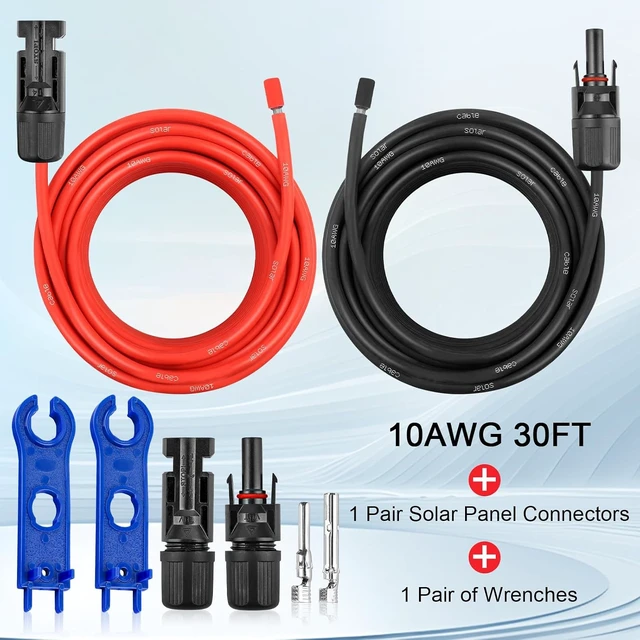 Alt view image 2 of 7 - 30FT 10AWG Solar Extension Panel Cable Waterproof Female & Male Connectors with Adaptor Kit Tool, PV Wire for RV, Home, Boat & Solar Panels (30ft Red + 30ft Black)