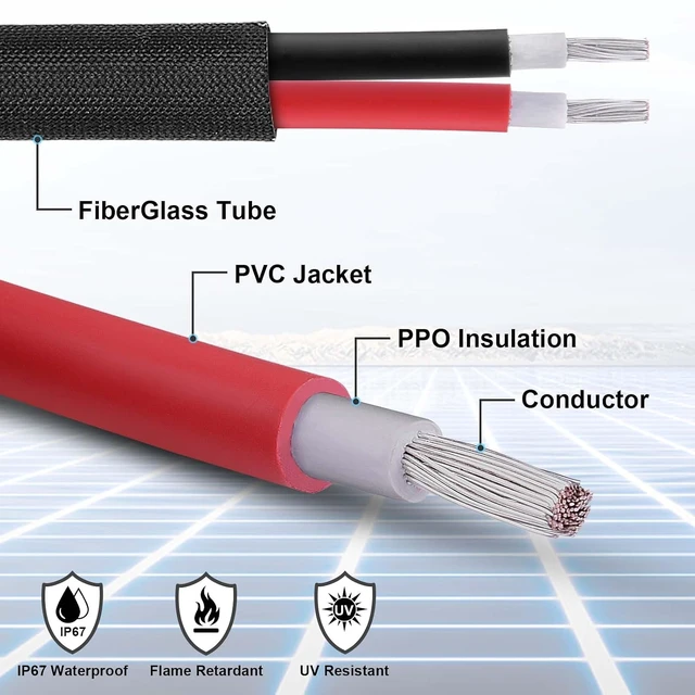 Alt view image 3 of 7 - 50FT 10AWG Solar Panel Extension Cable Flame Retardant Protective Sleeving, Female & Male Connectors for Outdoor Solar Installations, RV & Camping