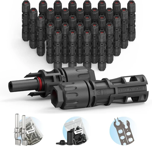 Main image of CHINT UL 6703 & TÜV Certified Solar Panel Connectors 1500V 46A DC MC4-Compatible PV Cable Connectors Kit for 10/12/14 AWG Wire with Dust Caps & Spanners (30 Pairs)