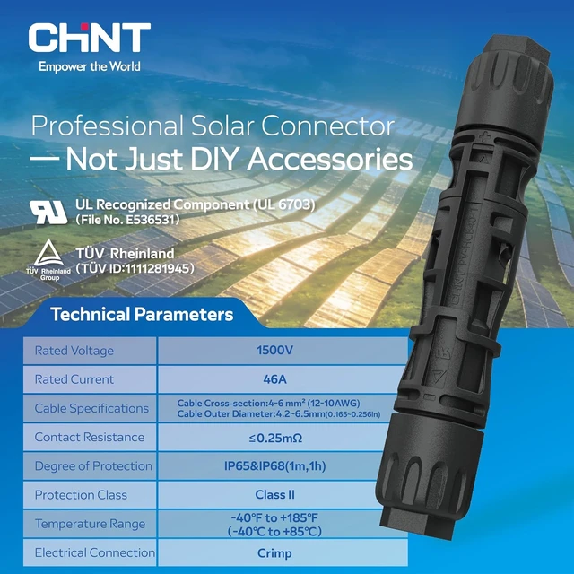 Alt view image 3 of 7 - CHINT UL 6703 & TÜV Certified Solar Panel Connectors 1500V 46A DC MC4-Compatible PV Cable Connectors Kit for 10/12/14 AWG Wire with Dust Caps & Spanners (30 Pairs)
