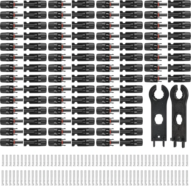 Main image of MC4 Solar Panel Connectors 50 Pairs/100 PCS IP67 Waterproof Male/Female Plugs with 2 Spanners, 1000V 30A 10AWG 2.5mm²-6mm²