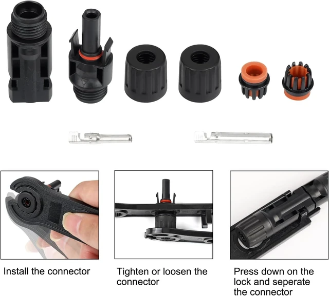 Alt view image 5 of 7 - MC4 Solar Panel Connectors 50 Pairs/100 PCS IP67 Waterproof Male/Female Plugs with 2 Spanners, 1000V 30A 10AWG 2.5mm²-6mm²
