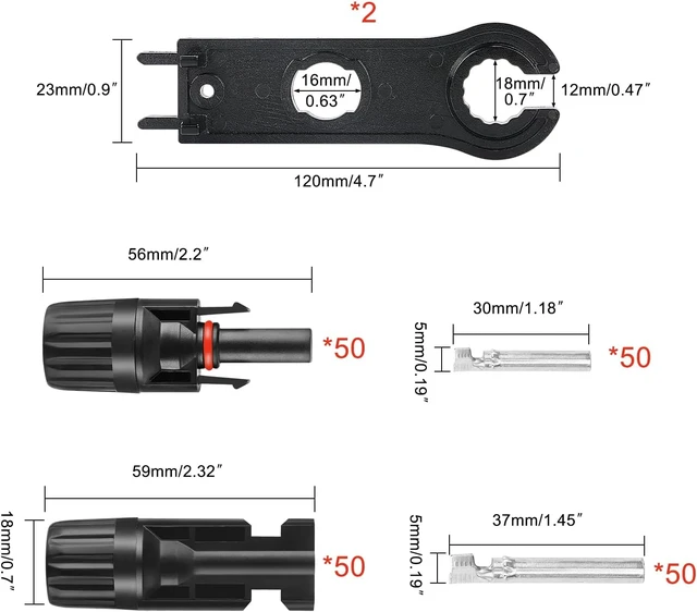 Alt view image 6 of 7 - MC4 Solar Panel Connectors 50 Pairs/100 PCS IP67 Waterproof Male/Female Plugs with 2 Spanners, 1000V 30A 10AWG 2.5mm²-6mm²