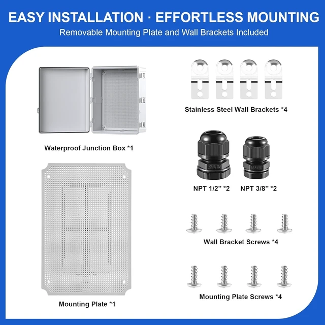 Alt view image 5 of 7 - IP67 Waterproof Outdoor Electrical Junction Box (Grey Cover) ABS Plastic Enclosure with Hinged Lid, Mounting Plate & Wall Mount Brackets, Weatherproof Dustproof Project Box (11.4"×7.5"×5.5")