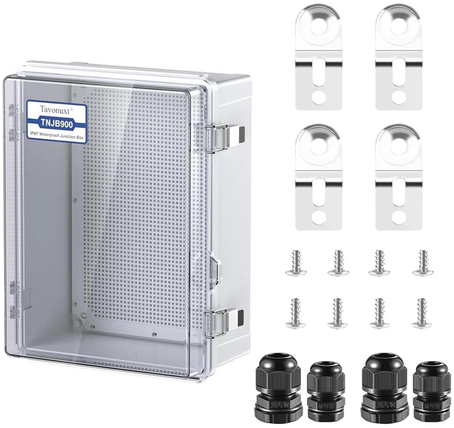 Main image of IP67 Waterproof Outdoor Electrical Junction Box (Clear Cover) ABS Plastic Enclosure with Hinged Lid, Mounting Plate & Wall Mount Brackets, Weatherproof Dustproof Project Box (13.8"×9.8"×5.9")