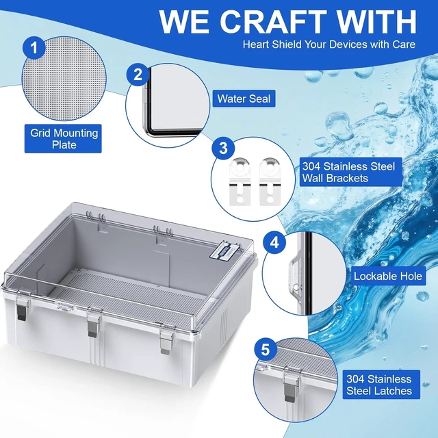Alt view image 3 of 7 - IP67 Waterproof Outdoor Electrical Junction Box (Clear Cover) ABS Plastic Enclosure with Hinged Lid, Mounting Plate & Wall Mount Brackets, Weatherproof Dustproof Project Box (13.8"×9.8"×5.9")