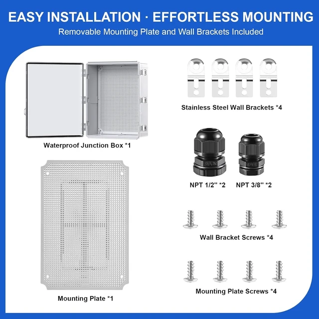 Alt view image 5 of 7 - IP67 Waterproof Outdoor Electrical Junction Box (Clear Cover) ABS Plastic Enclosure with Hinged Lid, Mounting Plate & Wall Mount Brackets, Weatherproof Dustproof Project Box (13.8"×9.8"×5.9")