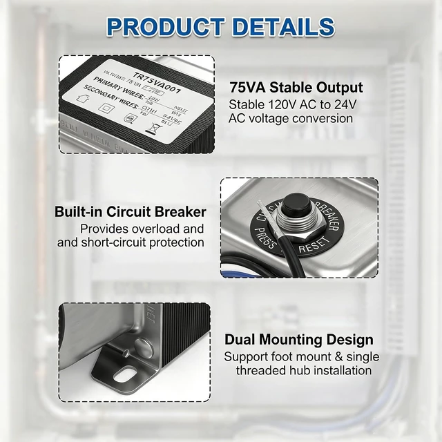Alt view image 3 of 7 - TR75VA001 75VA 120 to 24VAC Transformer with Built-in Circuit Breaker