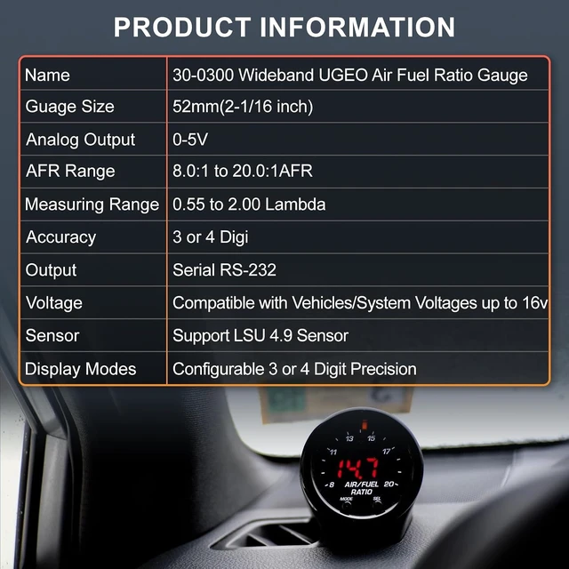 Alt view image 4 of 7 - 30-0300 X-Series 52mm (2-1/16) Wideband UEGO Air/Fuel Ratio Gauge with LSU 4.9 Sensor Controller & Wideband Oxygen Sensor