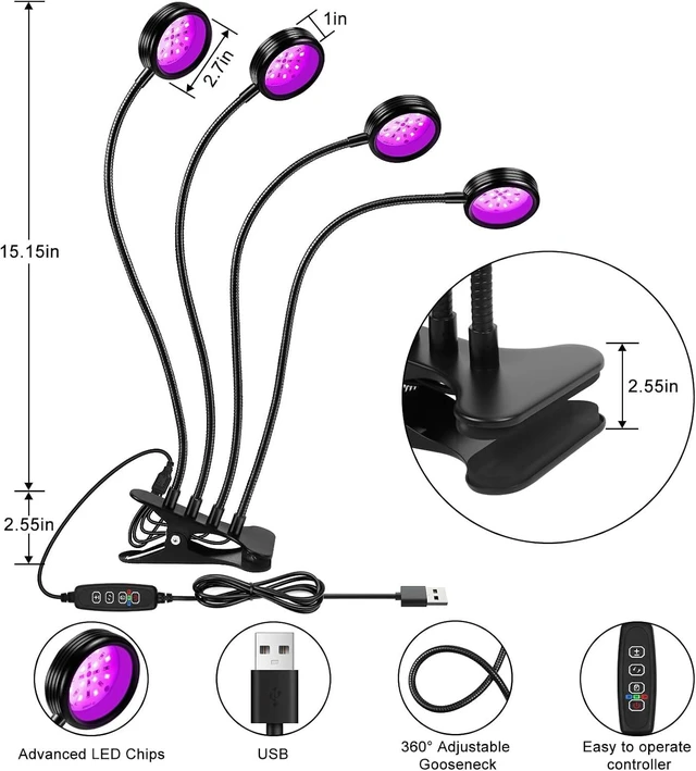 Alt view image 2 of 7 - 15W Dual-Head LED Black Light UV Resin Fixture with Clamp 395-405nm Gooseneck Lamp, USB Powered for Blacklight Party, Stage Lighting, Resin Cure, 3D Printing & Glow in the Dark