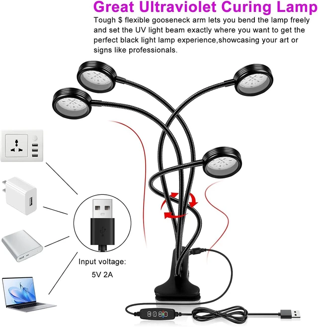 Alt view image 6 of 7 - 15W Dual-Head LED Black Light UV Resin Fixture with Clamp 395-405nm Gooseneck Lamp, USB Powered for Blacklight Party, Stage Lighting, Resin Cure, 3D Printing & Glow in the Dark