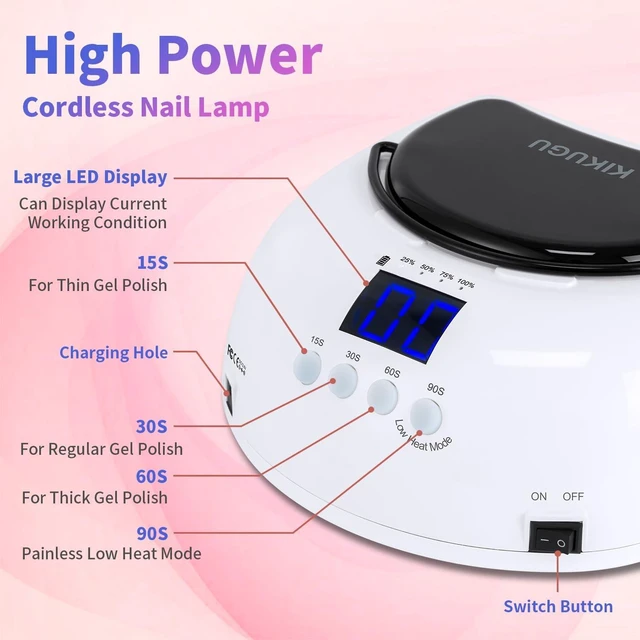 Alt view image 4 of 7 - 96W Professional Rechargeable UV LED Nail Lamp Cordless UV Light with Metallic Reflector & Metal Base, Fast Curing for Manicure & Pedicure, Ideal for Salon & Home (White)