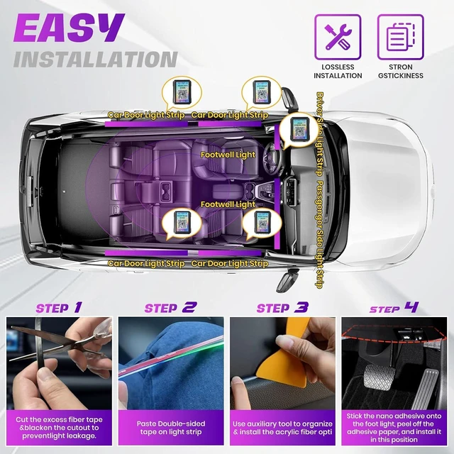 Alt view image 6 of 7 - Acrylic Interior Car LED Strip Lights,dreamcolor 6-in-1 Car Ambient Lighting Kit, with APP Control, 622 LED Fiber Optic Strip Lights for Cars,Supports Neon Sync with Music DIY Mode