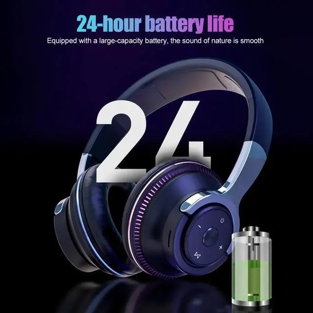Alt view image 6 of 7 - Wireless Bluetooth 5.1 Headphones Over Ear LED Headset Stereo Noise Cancelling Blue