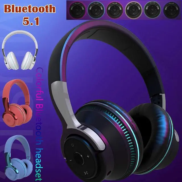 Alt view image 5 of 7 - Wireless Bluetooth 5.1 Headphones Over Ear LED Headset Stereo Noise Cancelling Blue