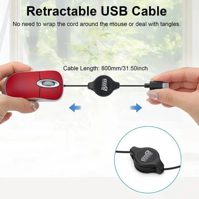 Alt view image 3 of 7 - USB C Optical Mouse Mini Wired Mice w/ Retractable Cable for PC Computer Laptop Blue