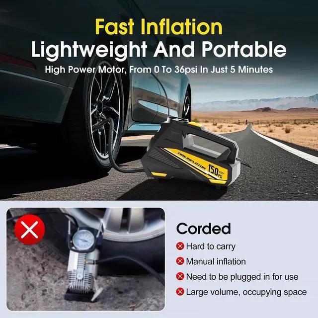 Alt view image 2 of 7 - SOEWIOU Tire Inflator Portable Air Compressor - DC 12V Air Pump for Car Tires with 150PSI LCD Digital Gauge & Emergency LED Light,Auto Tire Pump for Cars,Motorcycles,Bikes,Balls (Large)