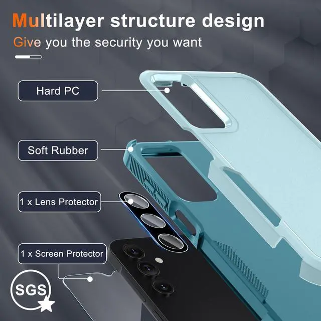 Alt view image 2 of 7 - SOEWIOU  Case for Samsung Galaxy A16 5G, Full Body Heavy Duty Rugged Shockproof Protective Phone Cover with Lanyard Strap, Tempered Glass Screen Protector and Camera Lens Cover, Mint Green