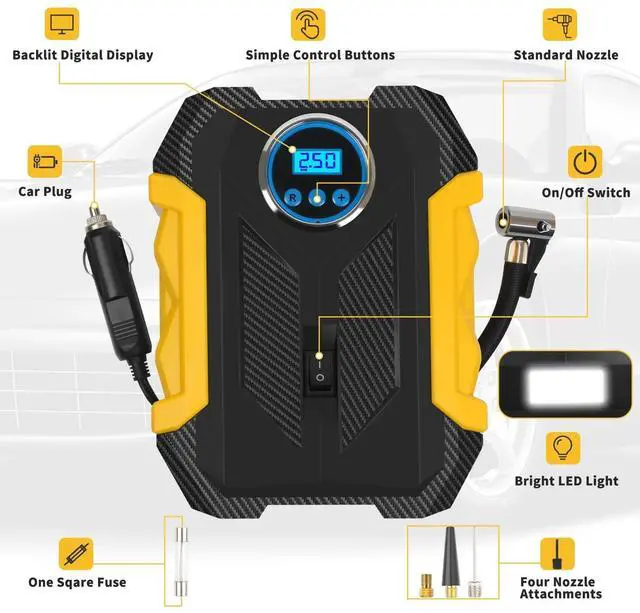 Alt view image 3 of 7 - SOEWIOU 12V DC Tire Inflator, 150PSI Auto Shut-off Air Pump for Car, Portable Tires Air Compressor with LED Light