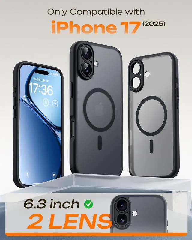 Alt view image 2 of 6 - SOEWIOU for iPhone 17 Case, Compatible with Magsafe, Full Camera Protection, Built-in Magnetic Ring, Drop Protection, Translucent Matte Phone Case for iPhone 17 6.3 inch (Black)