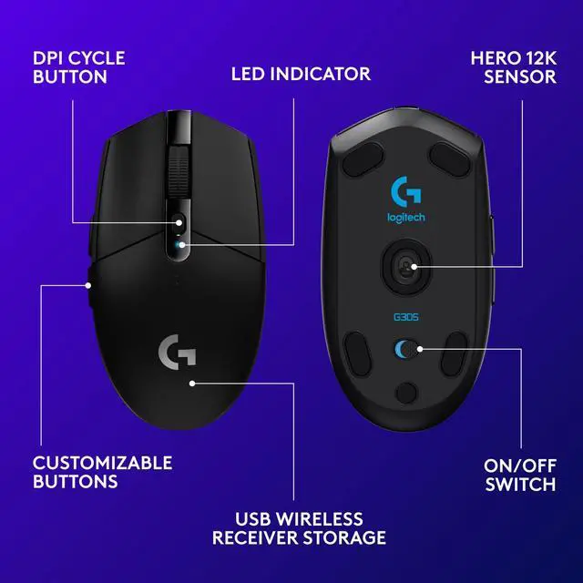 Alt view image 6 of 7 - SOEWIOU  G305 LIGHTSPEED Wireless Gaming Mouse, Hero 12K Sensor, 12,000 DPI, Lightweight, 6 Programmable Buttons, 250h Battery Life, On-Board Memory, PC/Mac - Black