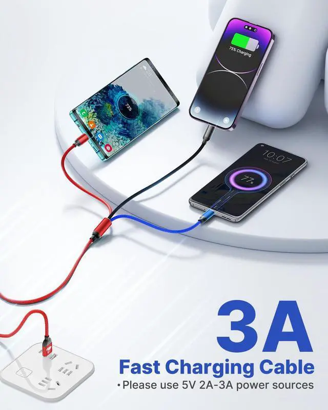 Alt view image 2 of 7 - SOEWIOU Multi Charger Cable, Fast Multi Charging Cord 3 in 1 Nylon Braided Multiple USB Universal Charging Cable for Type-C, Micro USB, Cell Phones/IP/Samsung Galaxy/Ps/LG/Huawei/Kindle