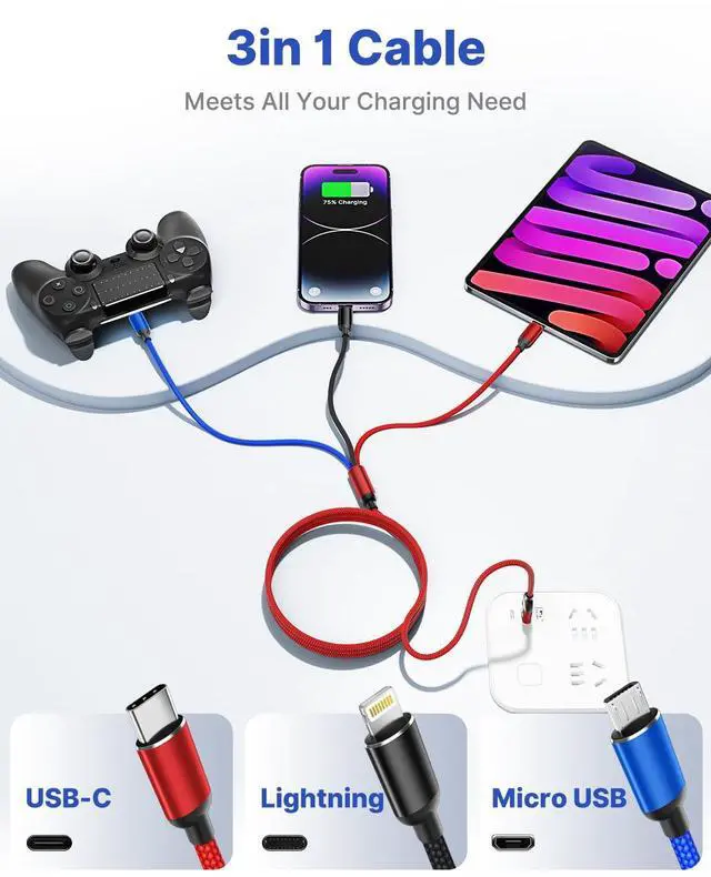 Alt view image 5 of 7 - SOEWIOU Multi Charger Cable, Fast Multi Charging Cord 3 in 1 Nylon Braided Multiple USB Universal Charging Cable for Type-C, Micro USB, Cell Phones/IP/Samsung Galaxy/Ps/LG/Huawei/Kindle