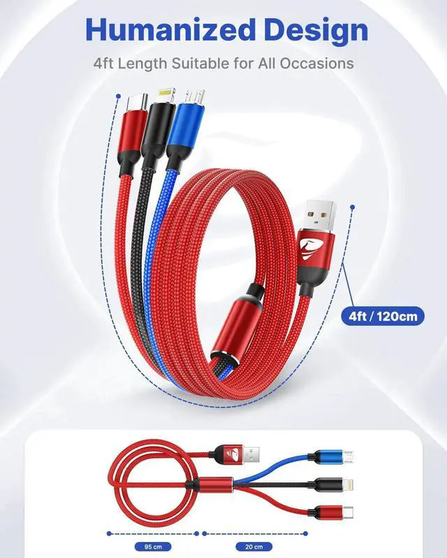 Alt view image 6 of 7 - SOEWIOU Multi Charger Cable, Fast Multi Charging Cord 3 in 1 Nylon Braided Multiple USB Universal Charging Cable for Type-C, Micro USB, Cell Phones/IP/Samsung Galaxy/Ps/LG/Huawei/Kindle