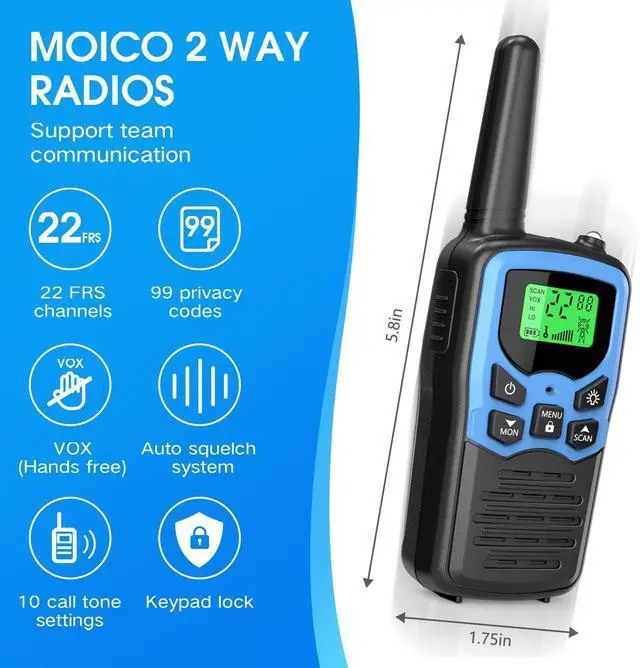 Alt view image 2 of 6 - SOEWIOU Walkie Talkies,Long Range Walkie Talkies for Adults Two-Way Radios with 22 Channels FRS VOX Scan LCD Display with LED Flashlight for Field, Survival Biking Hiking Camping 2 Pack (Blue)