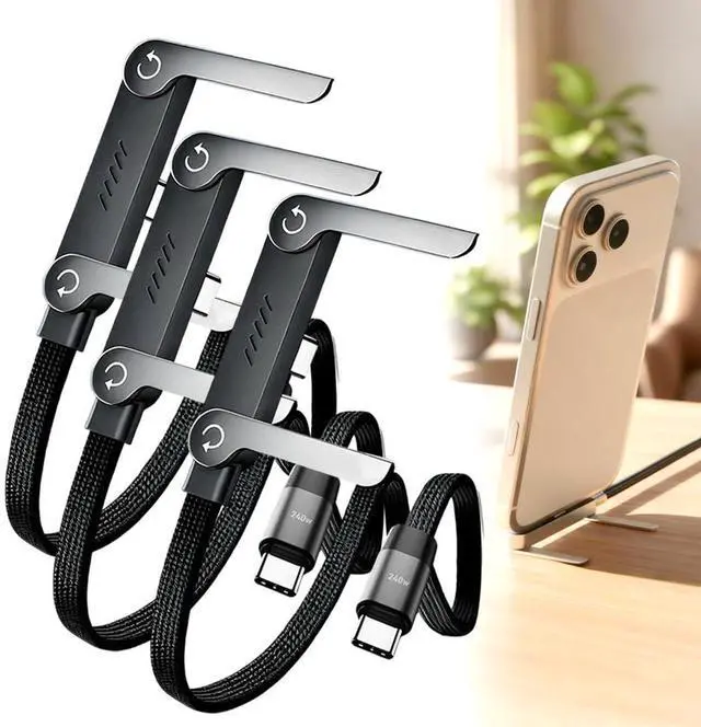 Main image of 240W Braided Fast Charge Cable with Built-in Phone Stand, 2026 New Foldable Durable USB-C Cord 90 Degree USB C Cable Right Angle Multi-Functional Charger Cord, Type-C to Type-C (3 PCS)