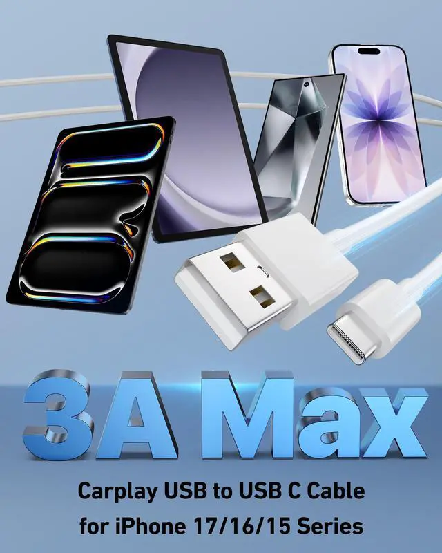 Alt view image 2 of 7 - Car Carplay Cable for iPhone 17/17 Pro/Air/16e/16/15 Pro Max/Plus Cable, 2Pack USB A to USB C for CarPlay USBC Cord, iPad, Galaxy, Pixel, Android Accessories Charging Wire Type-C Car Charger Cord 3FT