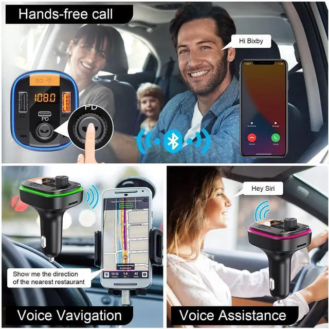 Alt view image 4 of 7 - SOEWIOU Bluetooth FM Transmitter for Car - BAISHUN Bluetooth 5.0 Adapter PD20W+QC3.0 Cigarette Lighter Radio Receiver Music Player Car Charger Supports Hands-Free Call Siri Google Assistant