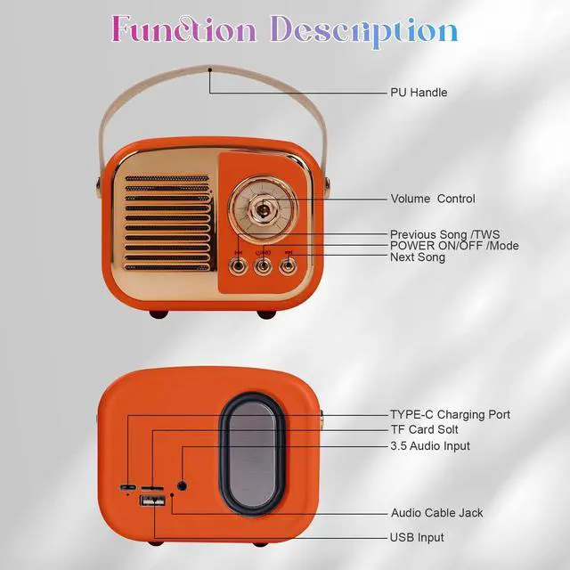 Alt view image 6 of 7 - Aresrora Retro Bluetooth Speaker, Vintage Wireless Speaker,Portable Mini Radio Old Fashion Style for Room Decor Kitchen Desk Bedroom Office,Supports TWS Pairing for iPhone,Android Devices (Orange)