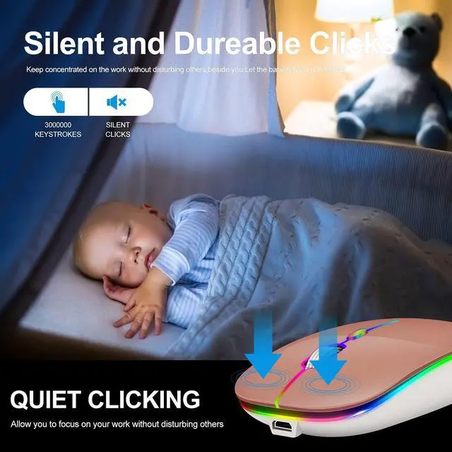 Alt view image 5 of 6 - KLO LED Rechargeable Bluetooth Mouse (BT5.2+Type-C+USB2.4G) for MacBook, iPad & Laptops - Wireless (A LED/Rose Gold)