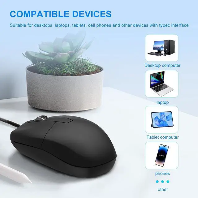 Alt view image 6 of 7 - LOONASA USB C Wired Mouse, Type C Optical Mouse, Portable Silent Comfortable, for Laptop, Mac, MacBook, Android, PC