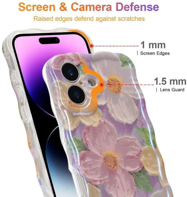 Alt view image 4 of 7 - SOEWIOU Case for iPhone 16 Plus, Colorful Retro Oil Painting Printed Flower Laser Glossy Pattern Cute Curly Wave Edge Exquisite Phone Cover Stylish Durable TPU Protective Case for Girl Women-Pink