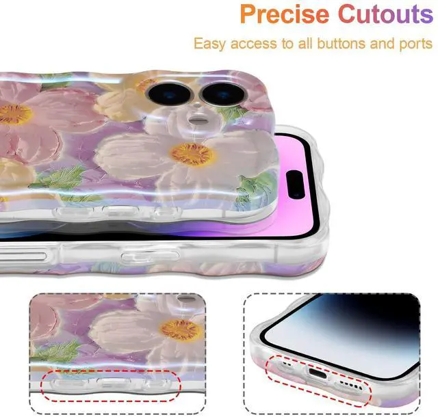 Alt view image 5 of 7 - SOEWIOU Case for iPhone 16 Plus, Colorful Retro Oil Painting Printed Flower Laser Glossy Pattern Cute Curly Wave Edge Exquisite Phone Cover Stylish Durable TPU Protective Case for Girl Women-Pink