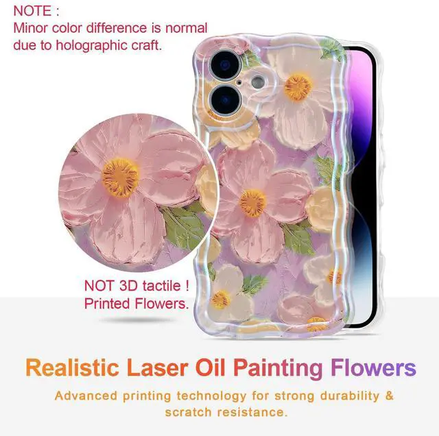 Alt view image 2 of 7 - SOEWIOU Case for iPhone 16 Plus, Colorful Retro Oil Painting Printed Flower Laser Glossy Pattern Cute Curly Wave Edge Exquisite Phone Cover Stylish Durable TPU Protective Case for Girl Women-Pink
