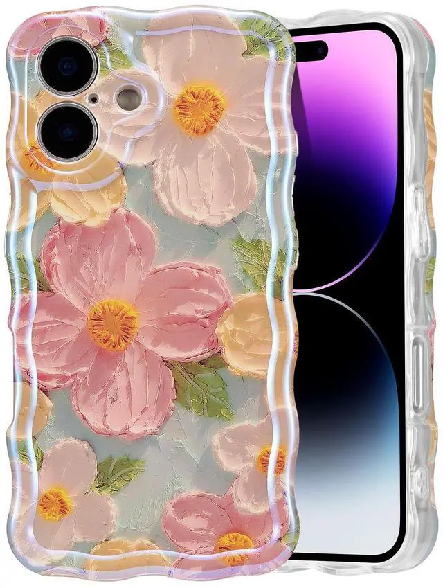 Main image of SOEWIOU Case for iPhone 17, Colorful Retro Oil Painting Printed Flower Laser Glossy Pattern Cute Curly Wave Edge Exquisite Phone Cover Stylish Durable TPU Protective Case for Girl Women-Green
