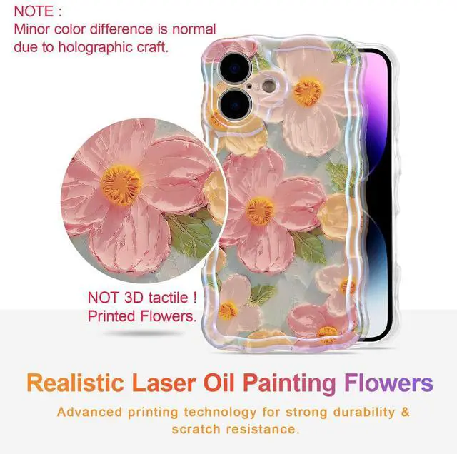 Alt view image 2 of 7 - SOEWIOU Case for iPhone 17, Colorful Retro Oil Painting Printed Flower Laser Glossy Pattern Cute Curly Wave Edge Exquisite Phone Cover Stylish Durable TPU Protective Case for Girl Women-Green